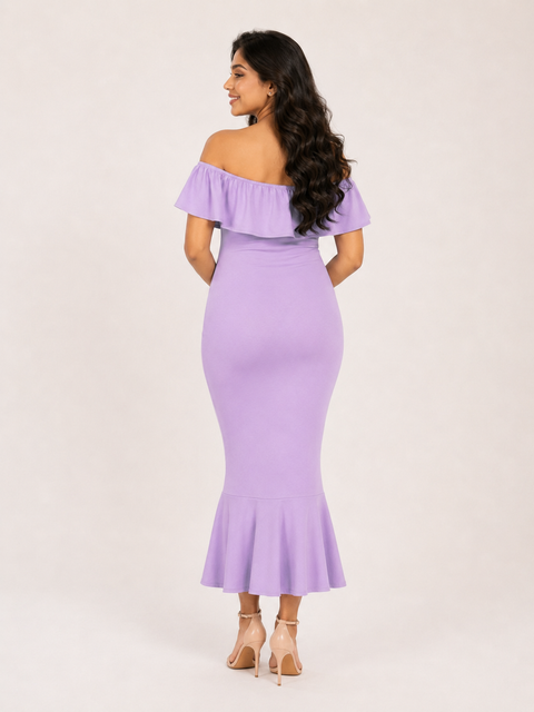 Lavender 4-Way Poly Lycra Off-Shoulder Maternity Long Midi Dress