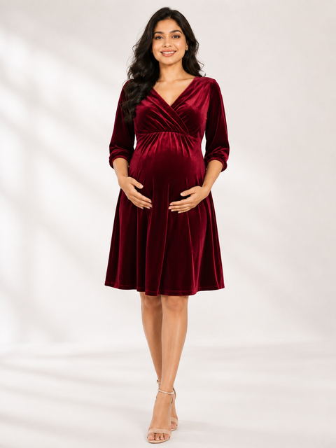 Burgundy 4-Way Poly Lycra Maternity Short Midi Dress