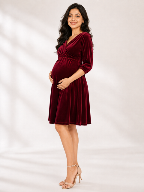 Burgundy 4-Way Poly Lycra Maternity Short Midi Dress