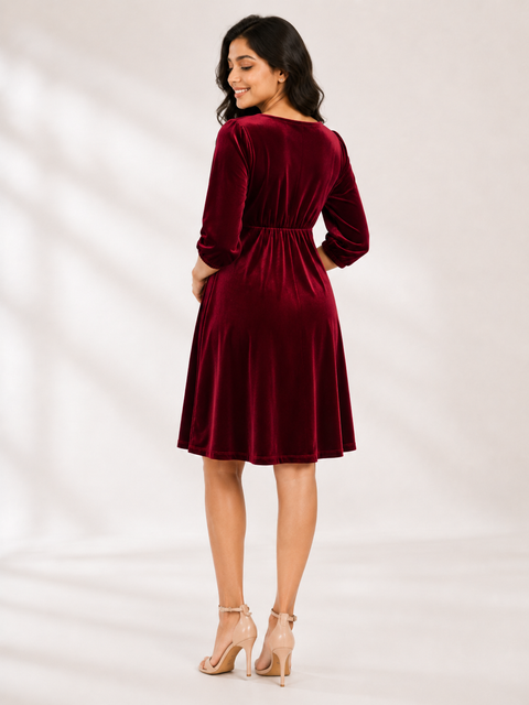Burgundy 4-Way Poly Lycra Maternity Short Midi Dress