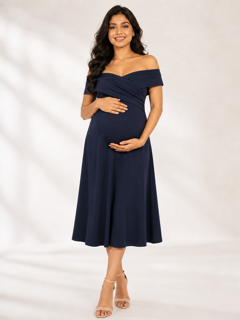 Navy Blue 4-Way Poly Lycra Off-Shoulder Maternity Short Midi Dress
