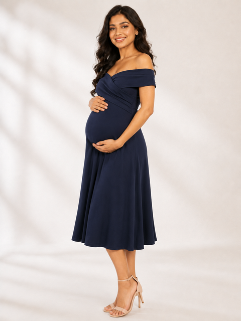 Navy Blue 4-Way Poly Lycra Off-Shoulder Maternity Short Midi Dress