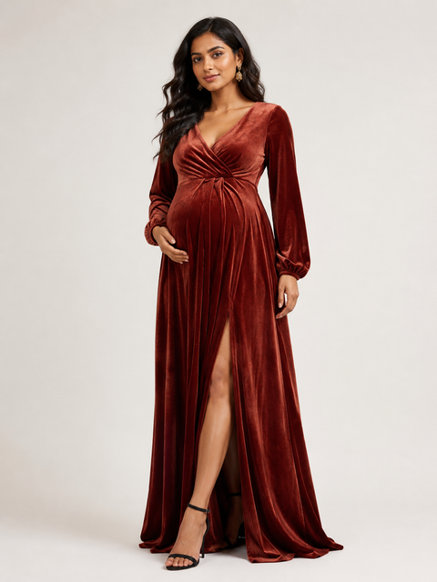 Woman wearing a rust-coloured 4-way poly lycra dress with long sleeves and a slit on a white backgrounda