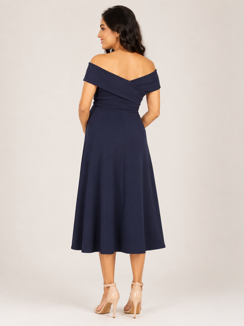 Navy Blue 4-Way Poly Lycra Off-Shoulder Maternity Short Midi Dress