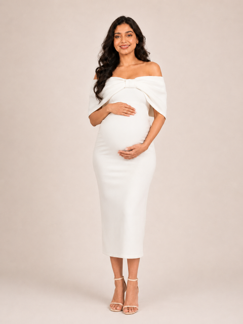 White 4-Way Poly Lycra Off-Shoulder Bow Maternity Long Midi Dress