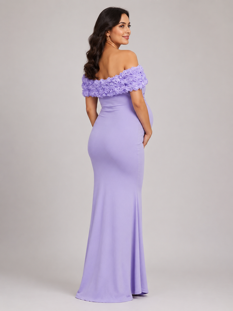 Lavender 4-Way Poly Lycra Off-Shoulder Floral Maternity Long Midi Dress