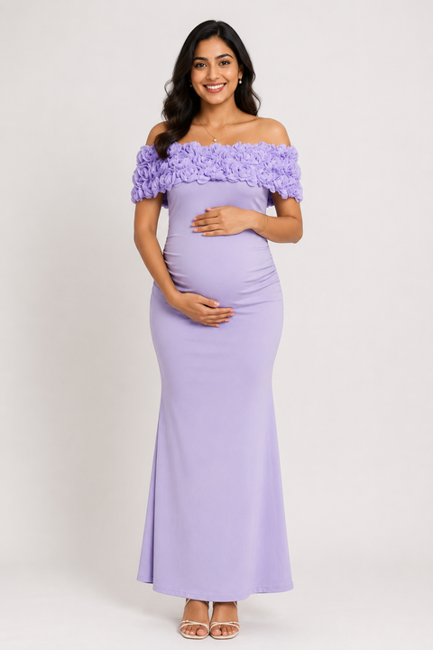 Lavender 4-Way Poly Lycra Off-Shoulder Floral Maternity Long Midi Dress