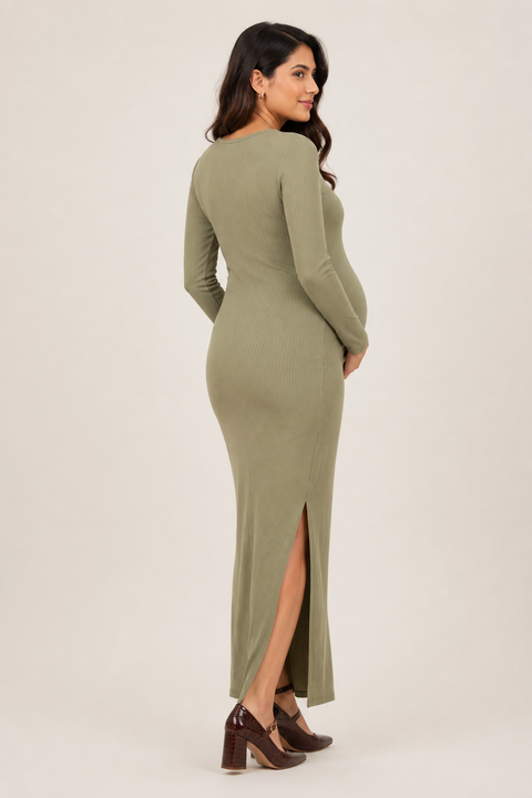 Olive Green 4-Way Poly Lycra Ribbed Maternity Long Midi Dress