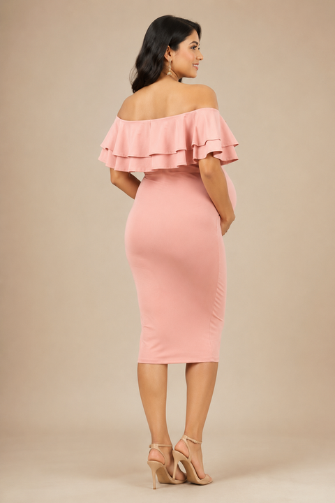 Dusty Pink 4-Way Poly Lycra Off-Shoulder Ruffle Maternity Short Midi Dress