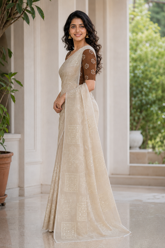 Beige Color Machine Embroidered Kota Doria Cotton Saree