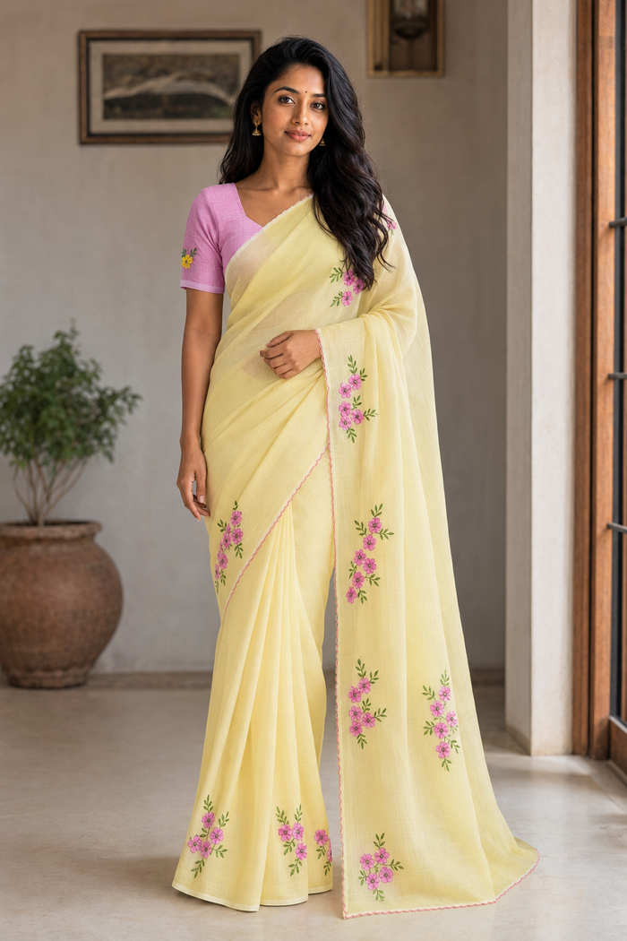 Embroidered Work Kota Doria Cotton Sarees - Yellow Pink Color