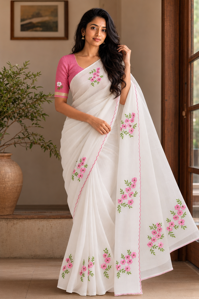 Embroidered Work Kota Doria Cotton Sarees - White Pink Color