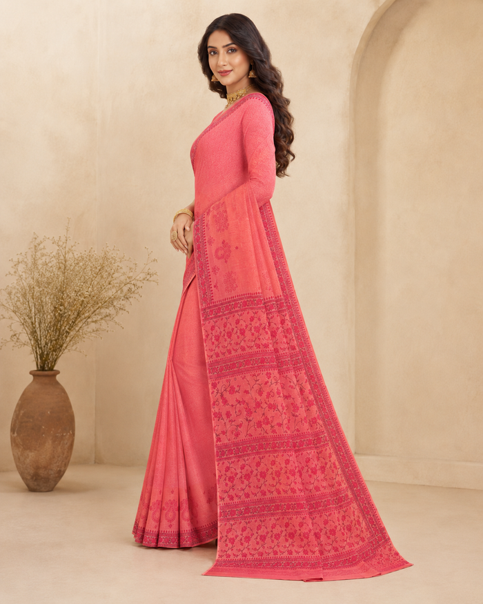 Yashodha Pure Cotton Machine Embroidered & Printed Saree- Pink Color