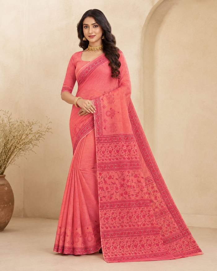 Yashodha Pure Cotton Machine Embroidered & Printed Saree- Pink Color