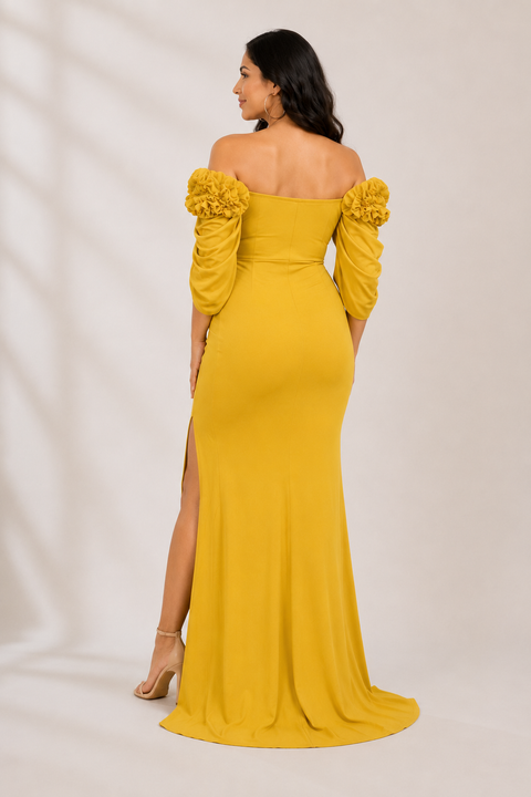 Yellow 4-Way Poly Lycra Off-Shoulder Maternity Long Midi Dress