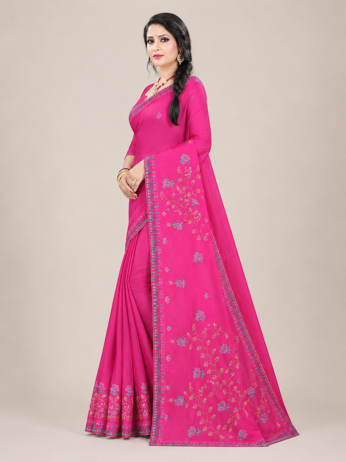 Beauty Queen Pure Cotton Embroidered Saree - Pink Color