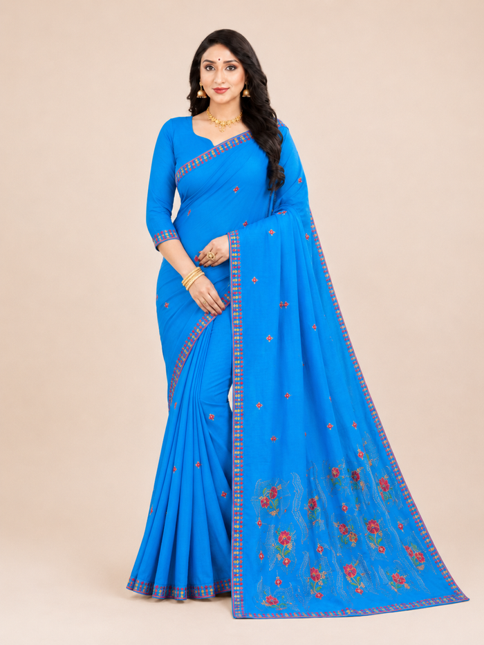 Beauty Queen Pure Cotton Embroidered Saree - Blue Color