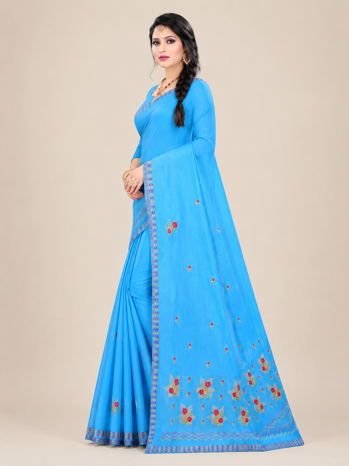 Beauty Queen Pure Cotton Embroidered Saree - Blue Color
