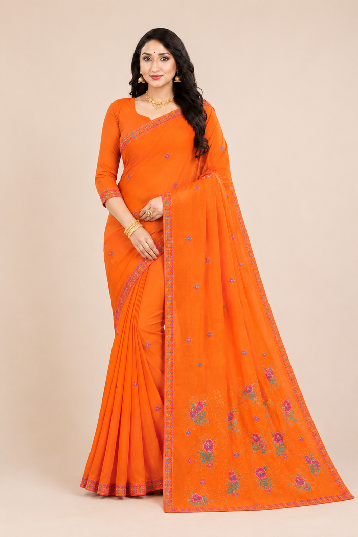 Beauty Queen Pure Cotton Embroidered Saree - Orange Color