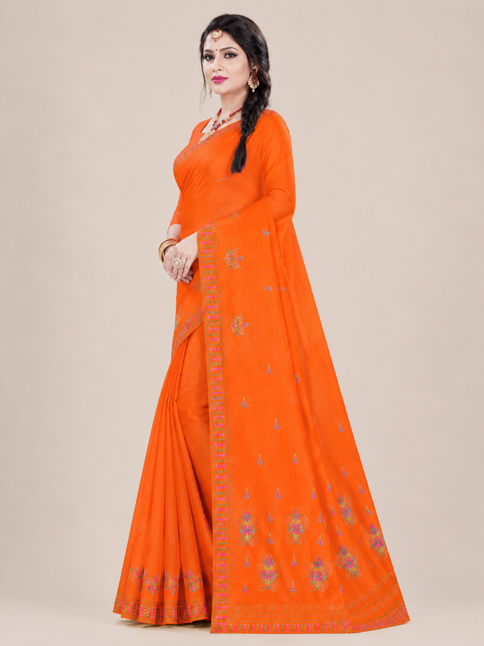 Beauty Queen Pure Cotton Embroidered Saree - Orange Color
