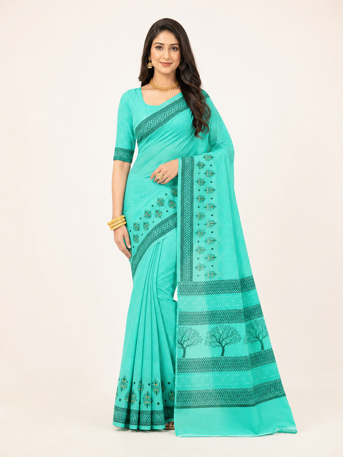 Yashodha Pure Cotton Machine Embroidered & Printed Saree - Sea Green