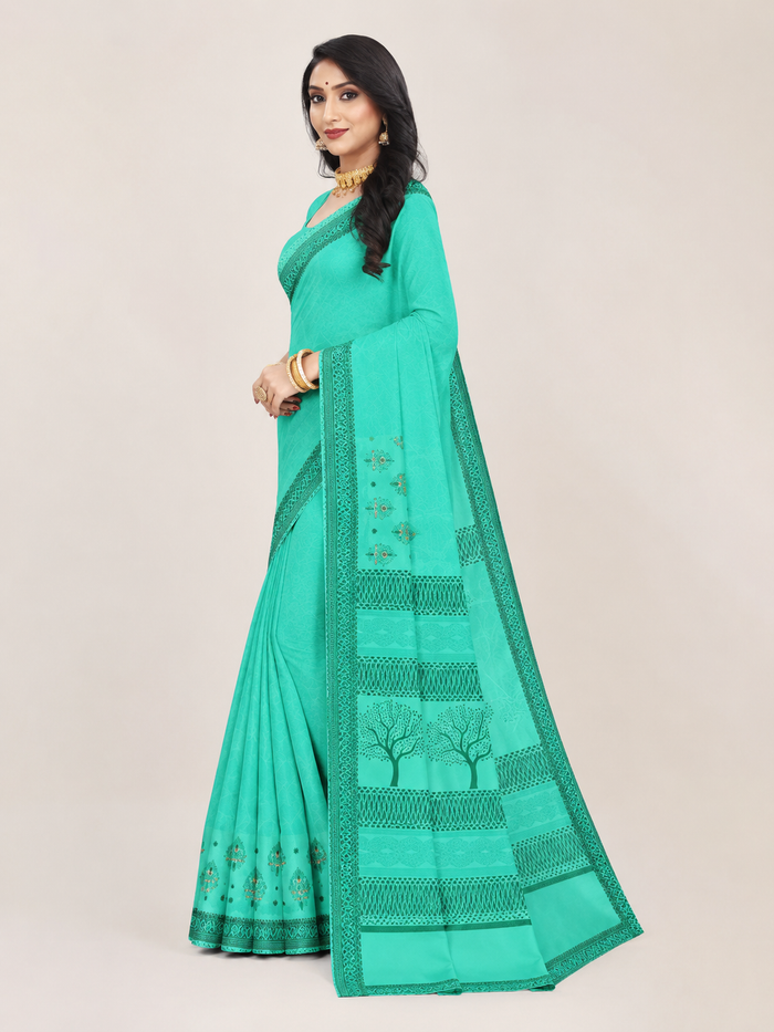 Yashodha Pure Cotton Machine Embroidered & Printed Saree - Sea Green