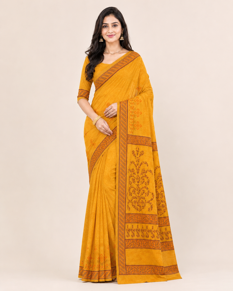 Yashodha Pure Cotton Machine Embroidered & Printed Saree - Yellow