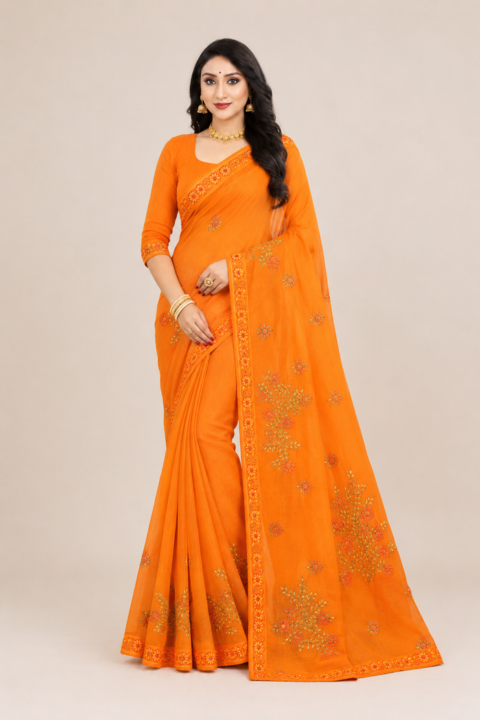 Beauty Queen Pure Cotton Embroidered Saree - Yellow Color