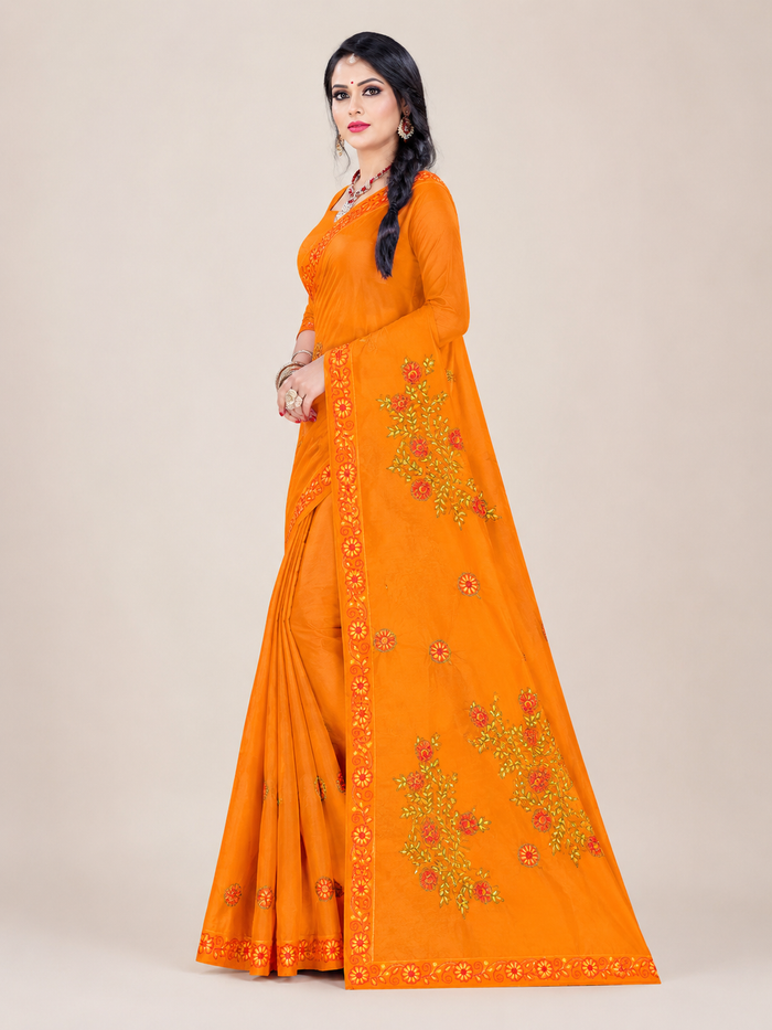 Beauty Queen Pure Cotton Embroidered Saree - Yellow Color