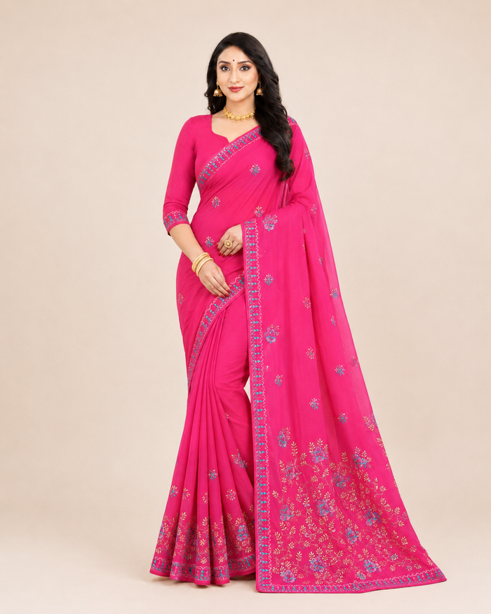 Beauty Queen Pure Cotton Embroidered Saree - Pink Color