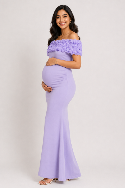 Lavender 4-Way Poly Lycra Off-Shoulder Floral Maternity Long Midi Dress