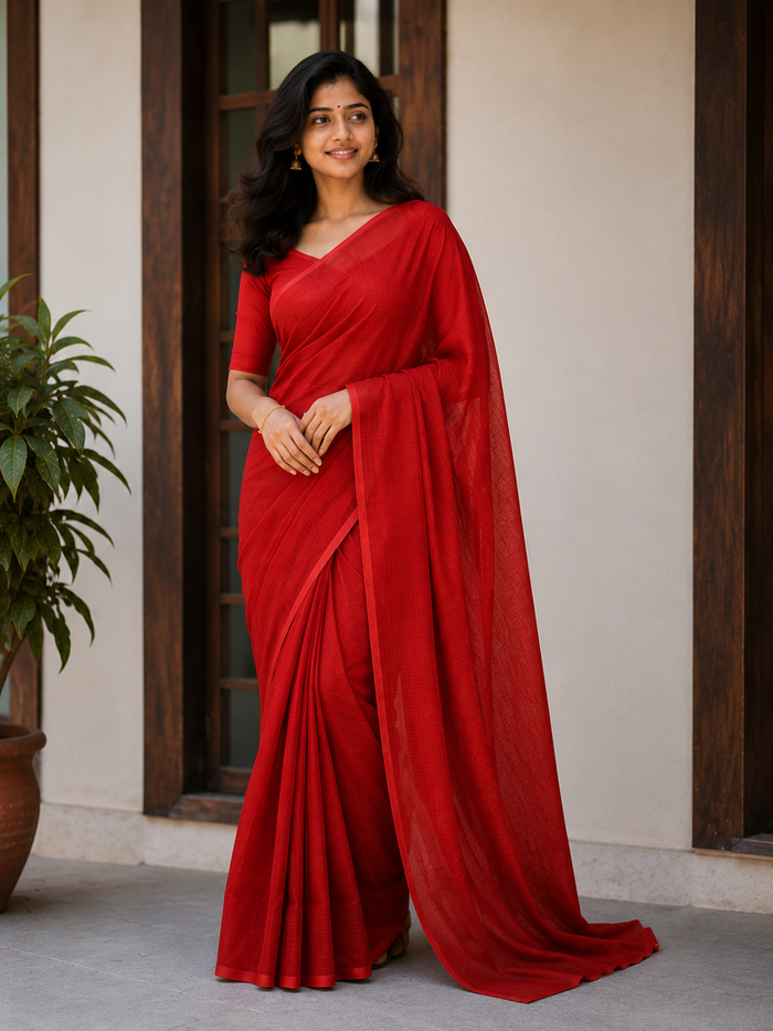 Kota Doria Pure Cotton Plain Saree - Red