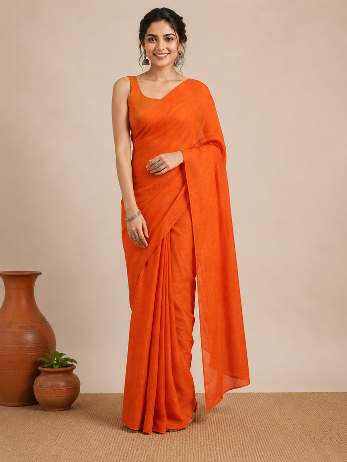 Kota Cotton Plain Saree - Orange Color