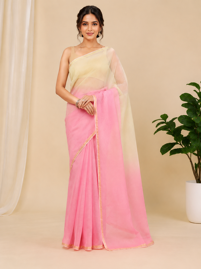 Pure Cotton Plain Kota Double Color Saree - Pink & Yellow Colour