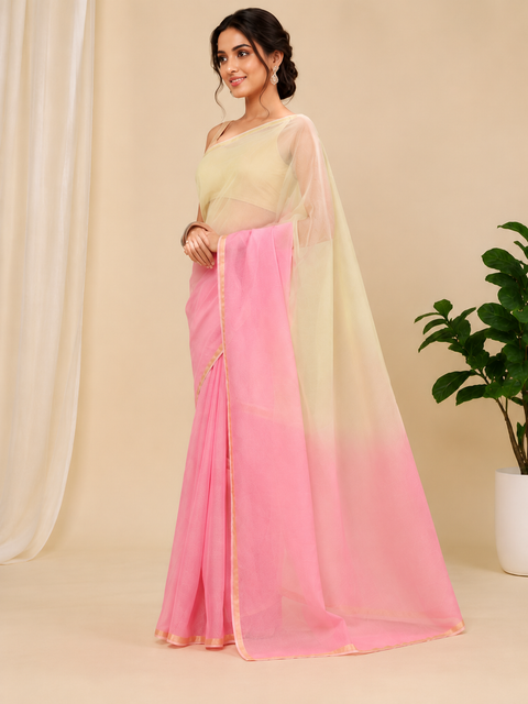Pure Cotton Plain Kota Double Color Saree - Pink & Yellow Colour