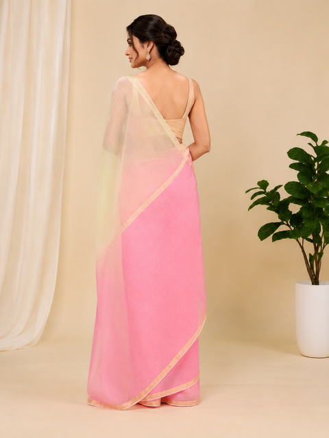 Pure Cotton Plain Kota Double Color Saree - Pink & Yellow Colour