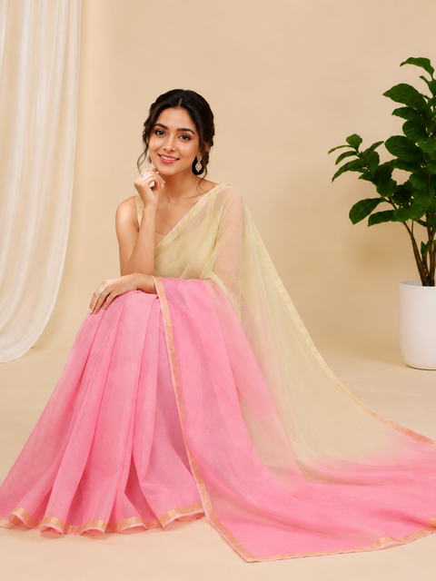 Pure Cotton Plain Kota Double Color Saree - Pink & Yellow Colour