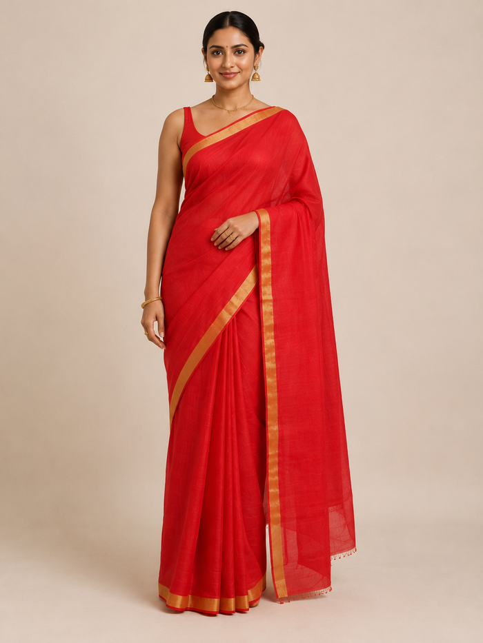 Kota Plain Pure Silk Saree - Red