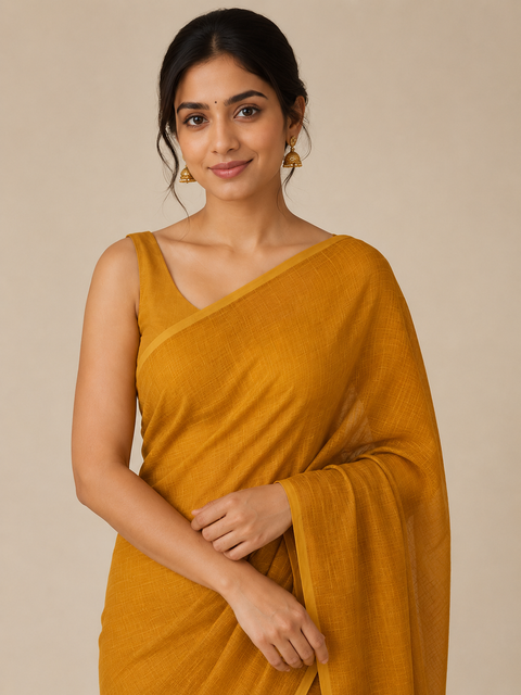 Kota Doria Pure Cotton Plain Saree - Brown