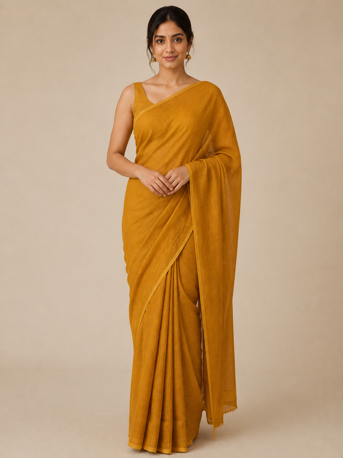 Kota Doria Pure Cotton Plain Saree - Brown