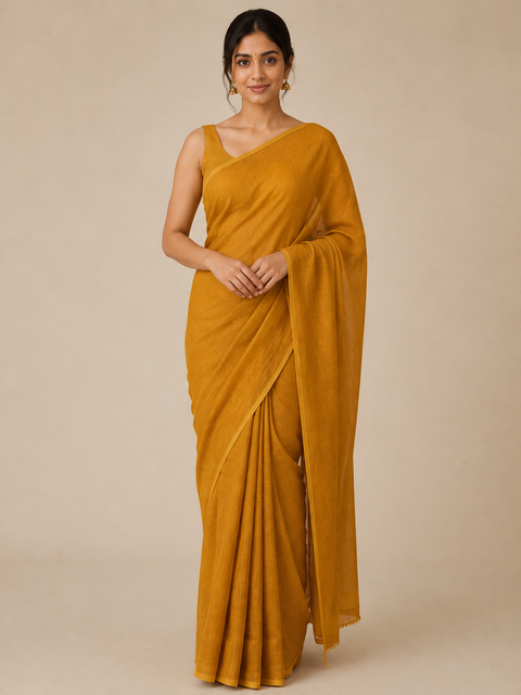 Kota Doria Pure Cotton Plain Saree - Brown
