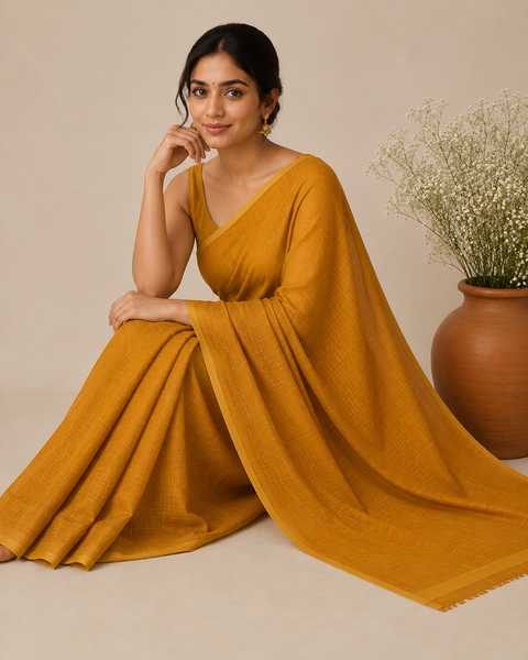 Kota Doria Pure Cotton Plain Saree - Brown