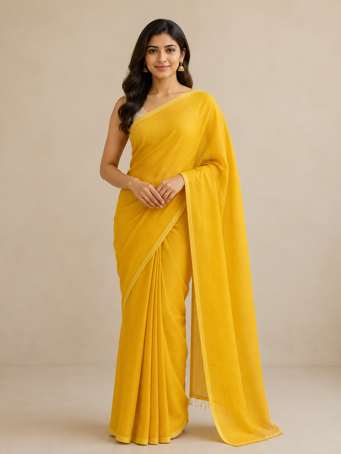 Kota Doria Pure Cotton Plain Saree - Yellow