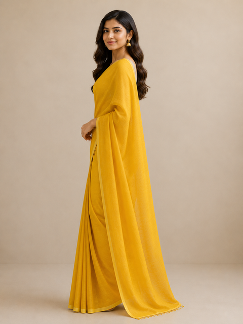 Kota Doria Pure Cotton Plain Saree - Yellow