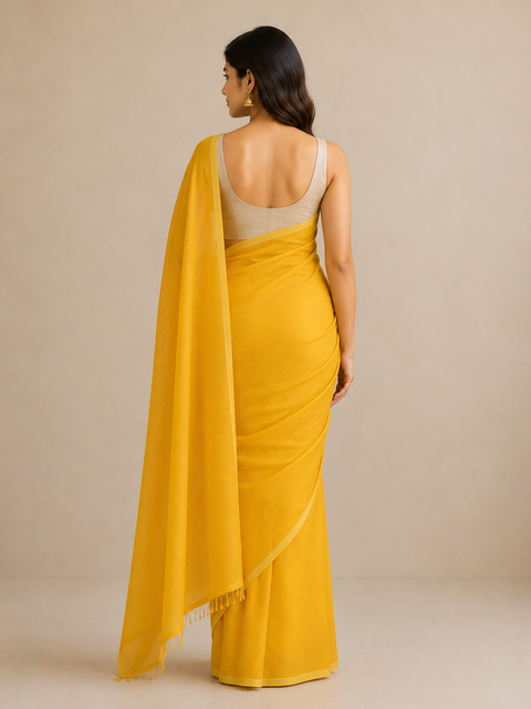 Kota Doria Pure Cotton Plain Saree - Yellow