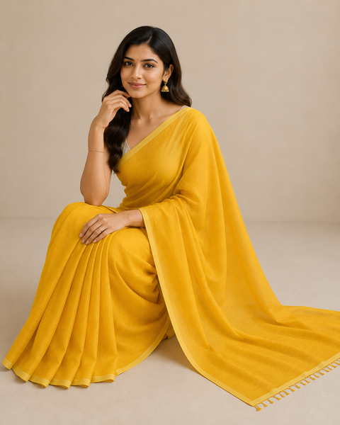 Kota Doria Pure Cotton Plain Saree - Yellow
