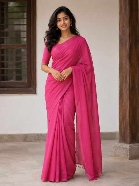 Kota Cotton Plain Saree - Rani Pink Color