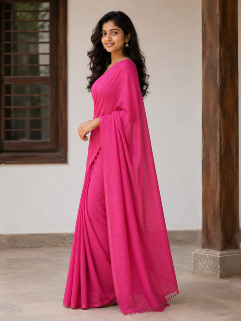 Kota Cotton Plain Saree - Rani Pink Color