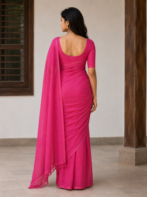 Kota Cotton Plain Saree - Rani Pink Color