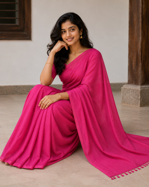 Kota Cotton Plain Saree - Rani Pink Color